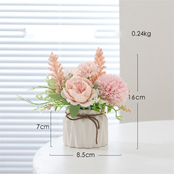 Kunstig blomst med liten keramisk vase silke rose falsk plante eukalyptus blad bær hjem blomsteroppsats dekorasjon (rosa)