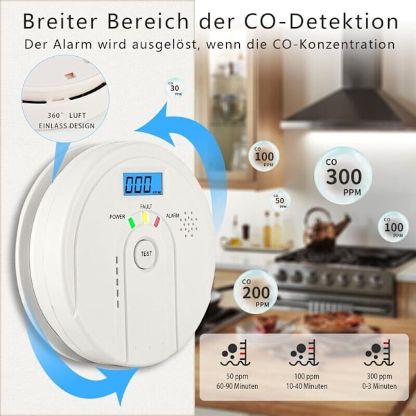 Kolmonoxidvarnare 85 DB, CO-detektor med LCD-display, EN 50291 Batteridriven kolmonoxidvarnare (3 AA-batterier ingår ej)