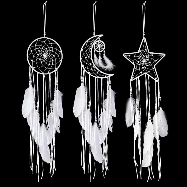 3 Pieces Dream Catcher Sun Moon Star Design Traditional Handmade Design for Wall Hanging Home Decoration (White)