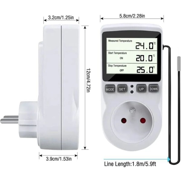 Termostat stikdåse, temperaturregulator, programmerbar digital timer med probe, sæt termostat drivhusvarme, 1 stk akvarium