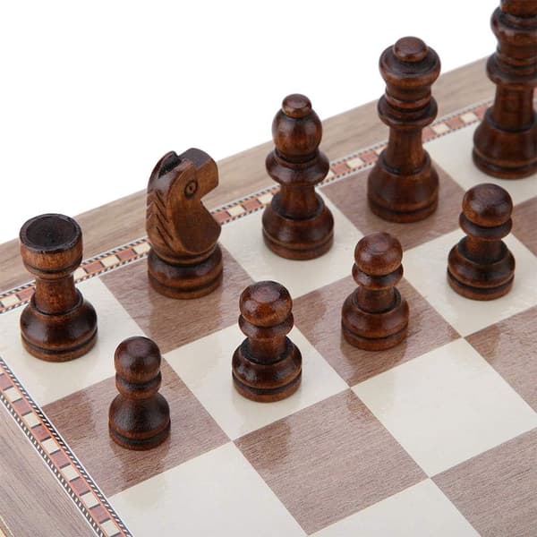 Träschackset, 3-i-1 schack och dam och backgammon fällbara schackset, bärbar resebordsspel leksak