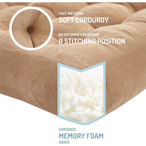 Komfort Memory Foam Meditasjonsgulvpute 2-delt sett, Voksen Student Kvadratisk Stor Pute, Tuftet Kordfløyel Gulvmatte for Balkong Utendørs Tatami Li