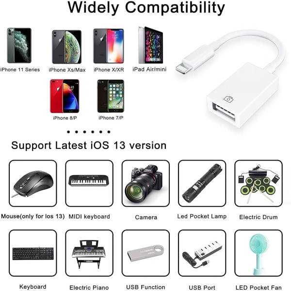 2 stk. USB-adapter til iPhone USB til OTG Lightning til USB-kabeladapter til Apple iPad rejseadapter til kamera USB-disk tastatur mus USB-flashdrev