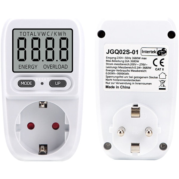 Effektmeter 230V/16A, Effektmeter Stikkontakt Effektmeter, Effektforbrugsmåler Effektforbrugsmonitor med LCD-skærm, Maksimal effekt 3680W（1stk