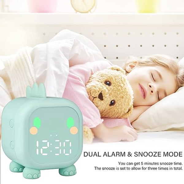 (Grønn) Vekkerklokke Barn Jenter Gutter LED Digital Vekkerklokke, Dinosaur Digital Vekkerklokke, Justerbart Volum Timer, Snooze Nattlys USB Oppladbar