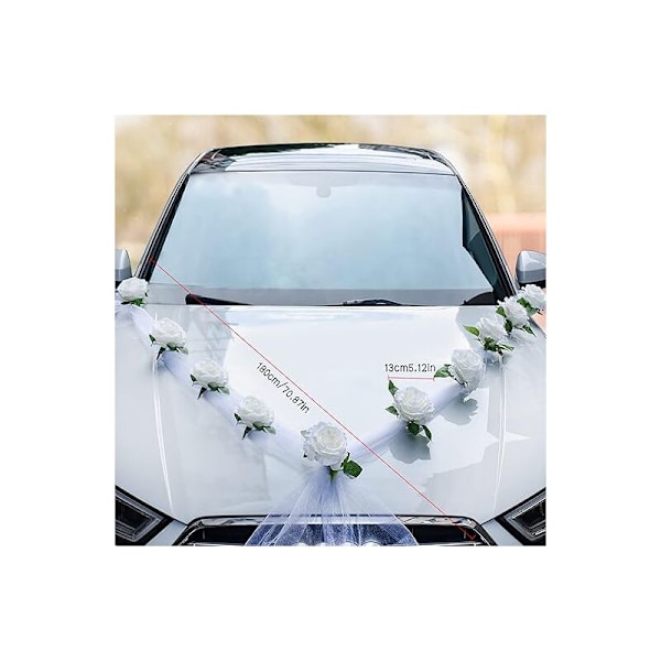 Bryllupsbildekoration, bryllupsbildekorationssæt, hvide kunstige blomster og hvidt bånd til bryllupsbil, bryllupsbildekoration