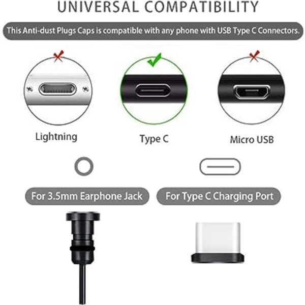 2 par telefonstøvpropper, støvdæksel til USB-C-stik og 3,5 mm-stik, Plug n Protect til Galaxy S10/S9/S8, Huawei P9/P10/P20, Nexus 5X/6P