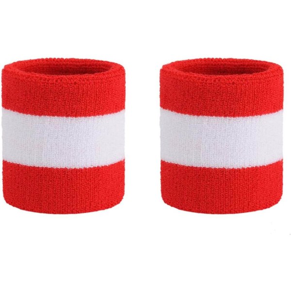 Rød + Hvid, 2 stk. Svedabsorberende Sport Pandebånd Armbånd Terry
