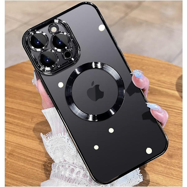 Magnetisk blank titanium iPhone 15 Pro Max-etui med fuld kamerabeskyttelse til slanke kvinder, piger og mænd (6,7\") sort