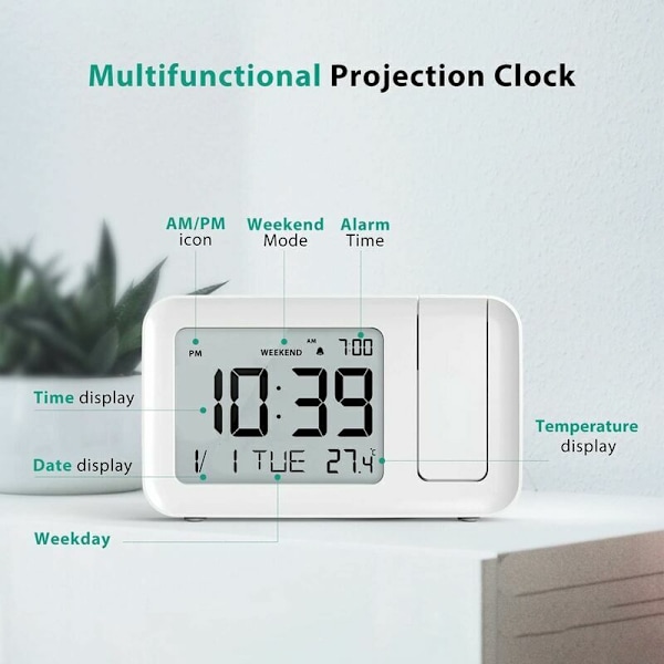 Väckarklocka, digital väckarklocka med 180° projektion, innetermometer, 4 justerbara ljusstyrkor, volymjustering, 12/24h justering, funktion