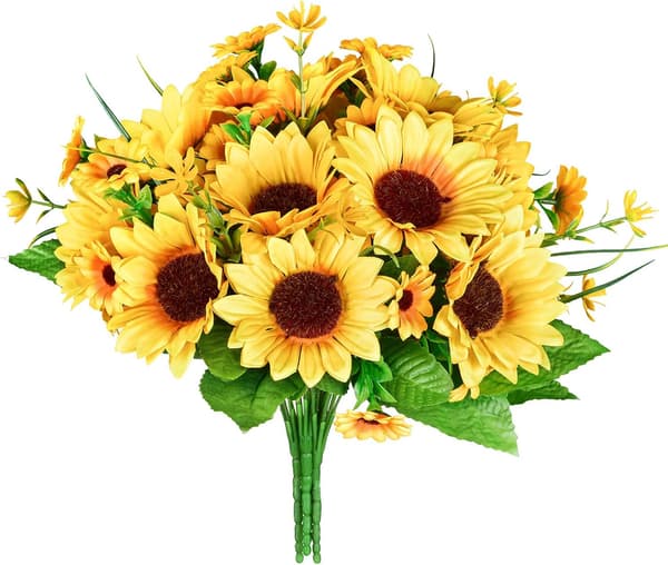 2 stjälkar konstgjorda solrosbuketter, gula blommor för heminredning, bröllop (med blomkruka)