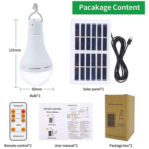 Solcelled LED-pære, 7W hagesolcellelys med fjernkontroll og solcellepanel, solcellelykt campinglys for camping, fotturer, lesing