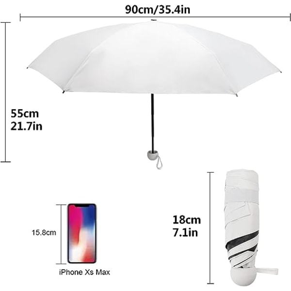 Valkoinen taittuva sateenvarjo, 6 sädettä Auringonsuojasateenvarjo Tuulenkestävä  Ultralight Mini Taskusateenvarjo Kevyt ja kompakti Tuulenkestävä sateenvarjo miehille ja naisille 90 x 5