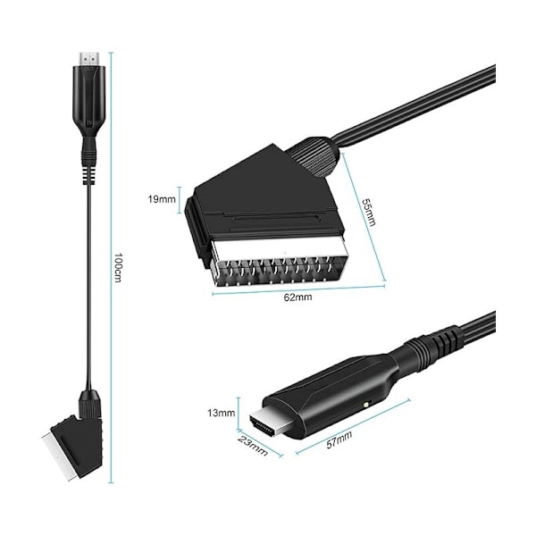 Sadllash adapter till HDMI, scart-omvandlare till HDMI med HDMI-kabel för Full HD 720p/1080p TV, video och ljud för DVD-läsare Blu-ray STB VHS Xbox PS3