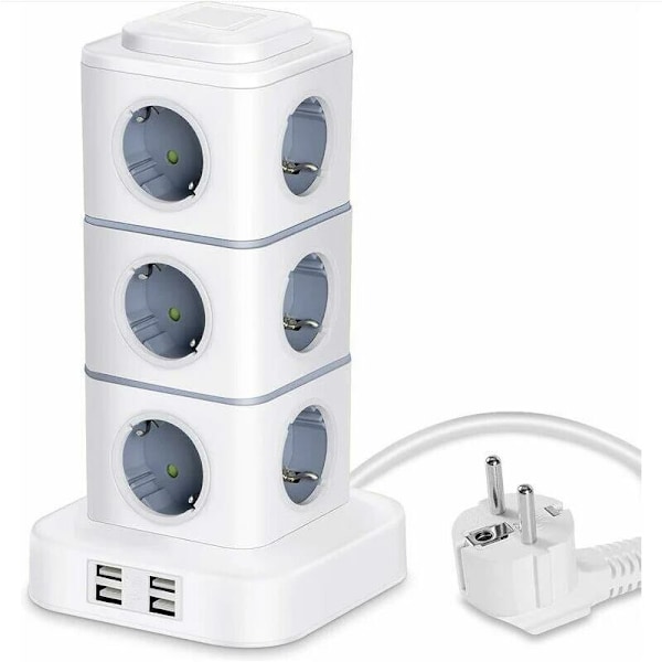TONCHEAN Stikdåse, Stikdåsetårn, 12 Stik Elektrisk Stikdåse (2500W / 10A) med 4 USB-porte, Multi Elektriske Stik Overspændingsbeskyttelse Vert