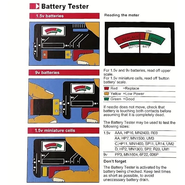 AA/AAA-batterier/C/D/9 V/1,5 V, universellt knappcellsbatteri, färgkod, indikator, spänningstestare, verifierare