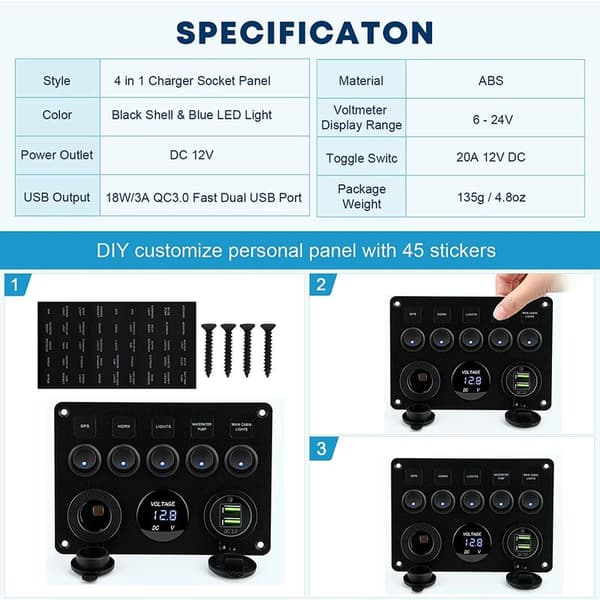 5-Knap Rocker Switch Panel Toggle Switch Panel Elektrisk Panel Båd Bil Vandafvisende Dobbelt USB DC 12V/24V LED Lastbil Trailer Marine Køretøjer SUV Motorhome