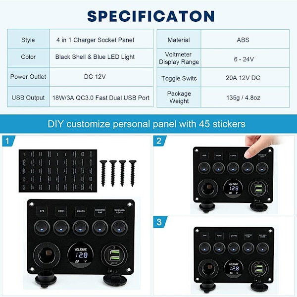 5-vägs Rockerströmbrytare Panel Toggle Switch Panel Elpanel Båt Bil Vattentät Dubbel USB DC 12V/24V LED Lastbil Trailer Marin Fordon SUV Husbil