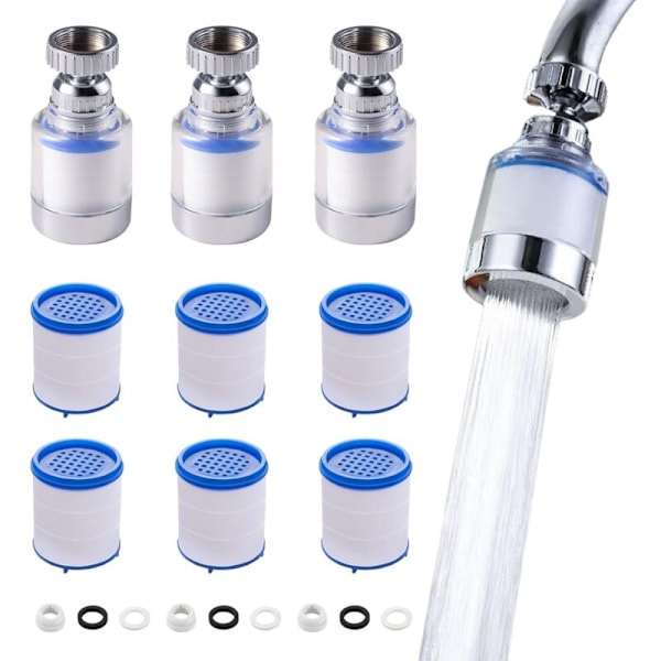 3 stycken filter anti-kalksten 360° roterande kran, transparent, med 6 filterelement i PP-bomull, kranfilter för hus, kök, badrum, sin