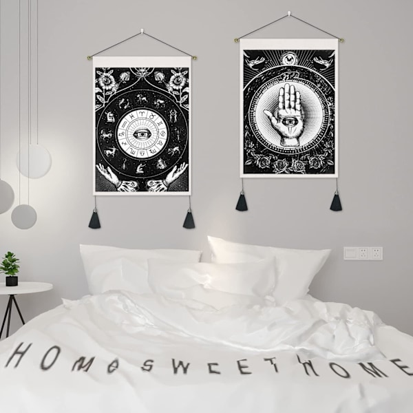 Set med 2 Fatima-väggbonader med tofsar, svart ondskeöga-väggbonad, astrologiska stjärnteckens väggkonst, för sovrum vardagsrum, 35x50 cm