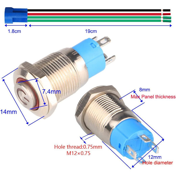2-pakning 12mm 12V 24V 3A rustfritt stål selvlåsende trykknappbryter LED-strømsymbol normalt åpen SPST PÅ Av vanntett med strømuttak (blå)