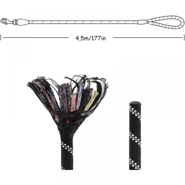 4,5 m bånd til hunder, dyreutstyr, kobbel, rundt tau, bånd for mellomstore og store hunder, svart nylon