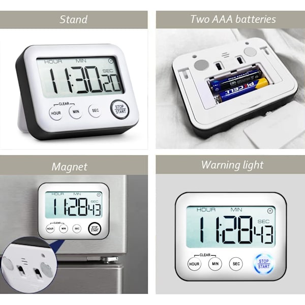 Multifunksjonell timer, nedtelling + alarmklokke (svart)