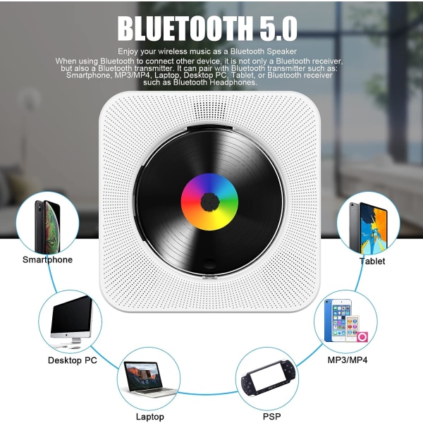 Hvit - stasjonær CD-spiller med Bluetooth Gueray Veggmontert CD P