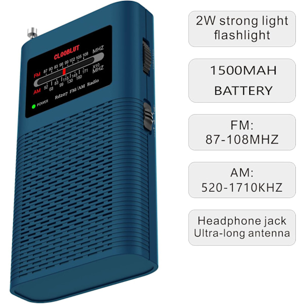 Bærbar lomme AM FM transistorradio kraftig lommelykt drevet av 1500mah batteri (inkludert), ultralang antenne beste mottak beste lydkvalitet