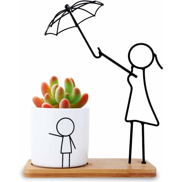 Herefun Keramisk Sukkulent Potte, Blomsterpotte med Bambusbakke, Sukkulent Potte Kaktus Potte, Potteplante til Sukkulent, Blomsterpotte Gave til Hjem, Kontor