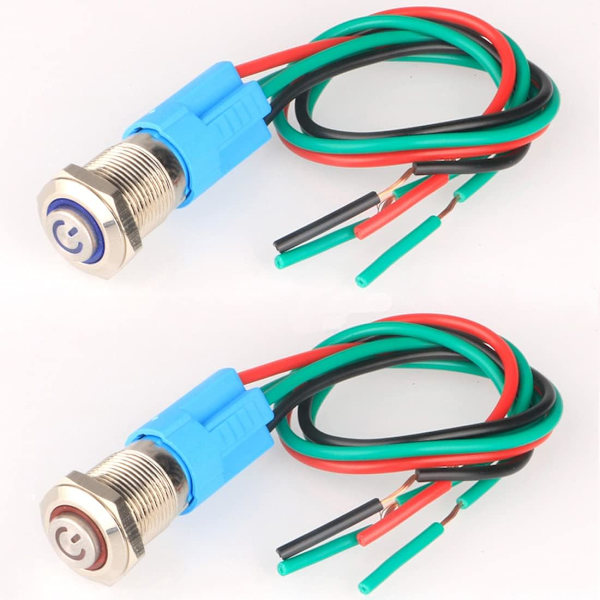 2-pakning 12mm 12V 24V 3A rustfritt stål selvlåsende trykknappbryter LED-strømsymbol normalt åpen SPST PÅ Av vanntett med strømuttak (blå)