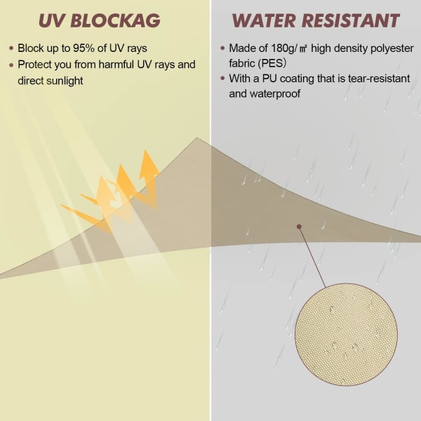 (Beige - med reb) Trekantet skygge sejl 3x3x3m, Vandtæt PES materiale - Ripstop skygge klud, Skygge sejl til terrasse, dæk, balkon, have
