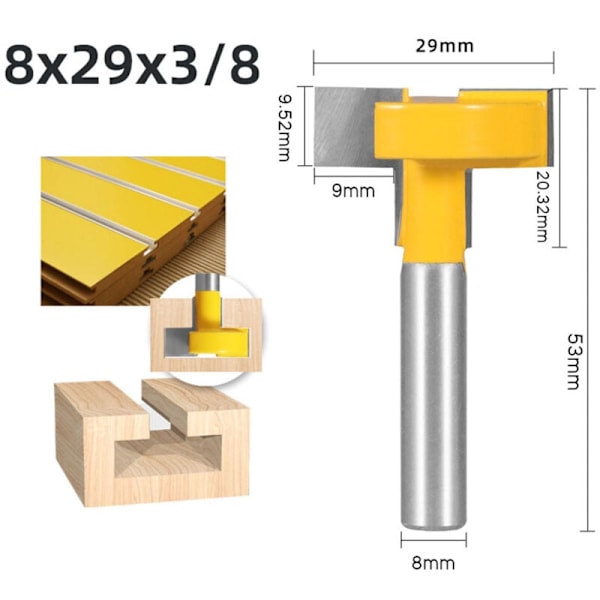 (B) Parti med 3 T-spor rillefræser 8mm i t-form Bits fræser gult blad skæring