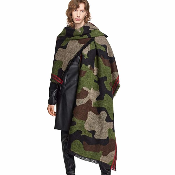 Kvinders kashmir uld camouflage tørklæde cape sjal og tørklæde Nyt efterår og vinter fortykket leopardprint camouflagesjal (grøn)