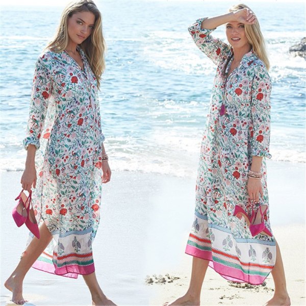 Kvinners Rutete Kort Ermet Badedrakt Cover Up Sexy Dyp V-Hals Side Slit Strand Lang Kjole