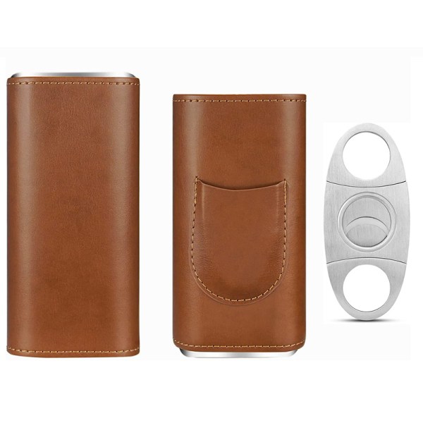 Høj kvalitet læder humidor (sort) rummer op til 3 cigarer dækket cigar humidor med sølv cigar cutter