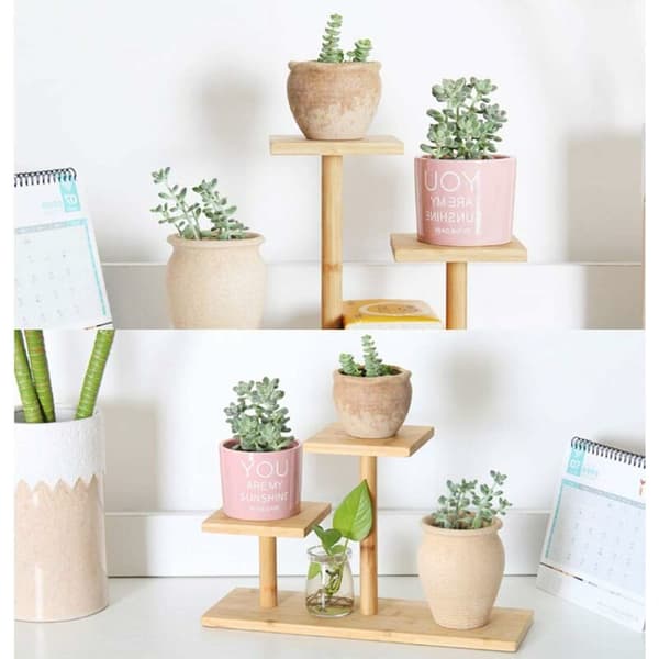 Inomhus bambu växtstativ, Mini 3 Tier bordsskiva i trä suckulent växtstativ, skrivbordsarrangör displayställ för utomhuskontor trädgård-GetRich