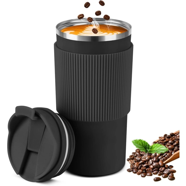 Termisk kaffekopp (svart), 450 ml reisekrus i rustfritt stål med lokk, termokopp for kaffe, te og øl