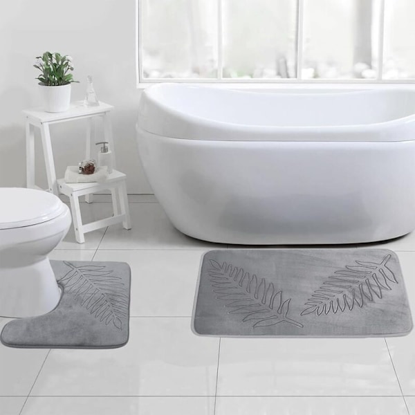Set med 2 absorberande och halkfria badrumsmattor - för dusch, bad och toalett - ljusgrå - 50 x 80 cm - U-formad - 40 x 50 cm