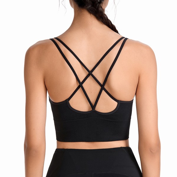 Damesports-BH Cross Back Strappy BH Polstret Mid Impact Support Gym Yoga Løpe-BH Sexy Crop Top for GILR Tenåringer-Sort