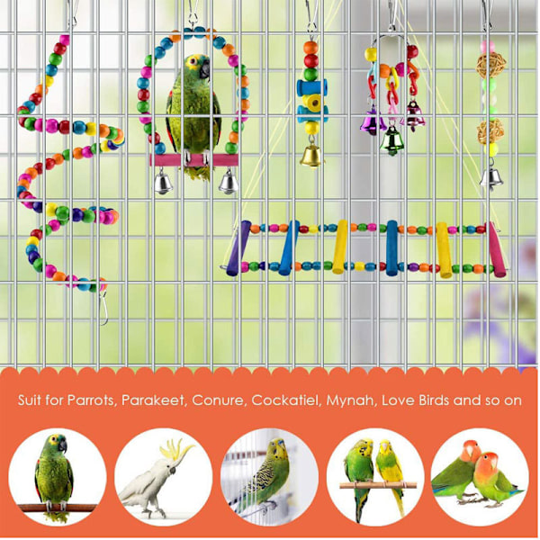 6 stk fugle Budgie leker, henge bjelle kjæledyr fuglebur hengekøye sving stiger leketøy tre abbor speil tyggeleke for Conures, kjærlighetsfugler, små