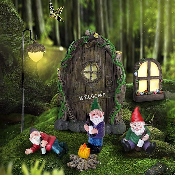 Mini Sagoskogsträdgård Tillbehör Utomhus Dekorationssats Trädstubbe Ornament Tomte Dörr Set Trädgårdskonst Utomhus Mellanrum Barn Fönster Glöd i Mörkret