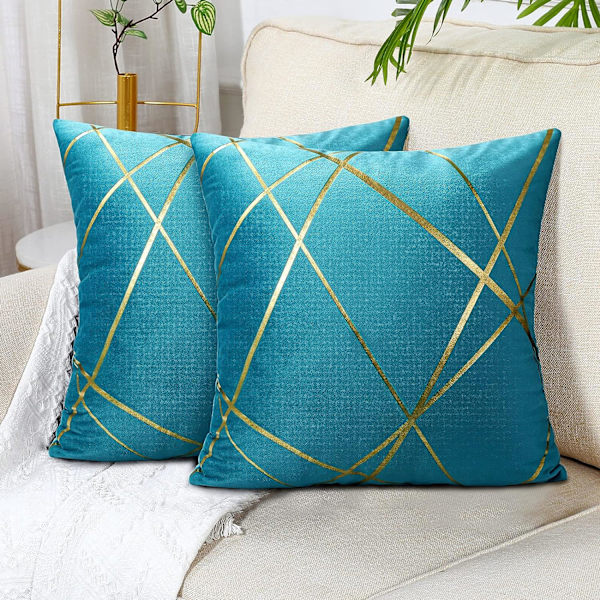 Grønt sofasæt med 2 (uden pudeindsats) Fløjlsbetræk 45 x 45 cm Pudebetræk Dekorativt pudebetræk Guldlinje Geometrisk pude Stue B