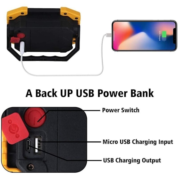 Uppladdningsbar LED-strålkastare 30W 2000 LM Arbetslampa med 4X Batteri 3 Lägen Bärbar Lykta USB LED-strålkastare för Camping, Bygge