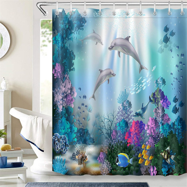 Vattentät Mögelbeständig Duschdraperi Delfin Tropiska Fiskar Under Vatten Blå Hav Barn Duschdraperi Med Krokar 150x180cm Polyester Badrum De