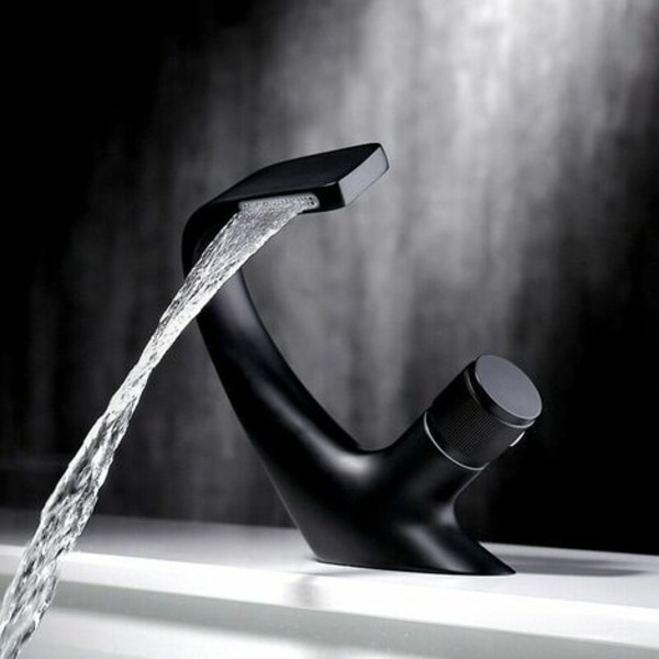 Vattenfall Enkelhåls handfatskran, mässing badrumsvaskkran, lyxig designerbadkarsvaskkran (svart，18x13cm)