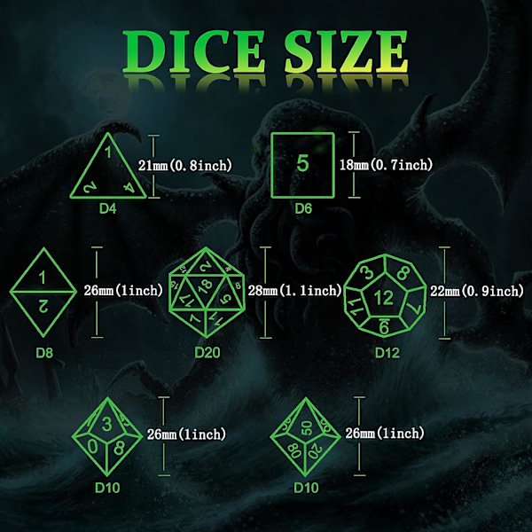 7 Dungeons and Dragons terninger (sølv med grønne bokstaver), HNCCESG Polyhedral Dice Set 3D metall hul blekksprut rollespill terninger D4/D6/D8/D10 (0-9 og