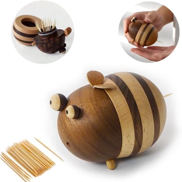 Tannpirkholder Dispenser Biedekor Kontorinnredning Boho-innredning Gaver til Kvinner Bursdagsgaver Tregulv Bie Inneholder 9*7