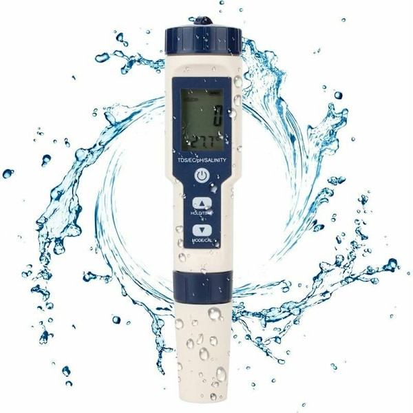 PHE Vandtester 5 i 1 Multifunktionel vandkvalitet af vand, TDS/EC/SALINITET/PH/Digital temperatur til drikkevand, swimmingpool, akvarium, a