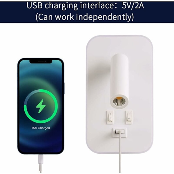 LED væglampe, sengelampe med kontakt, USB-ladeport, soveværelsesbelysning med hvid justerbar spot [energiklasse f]